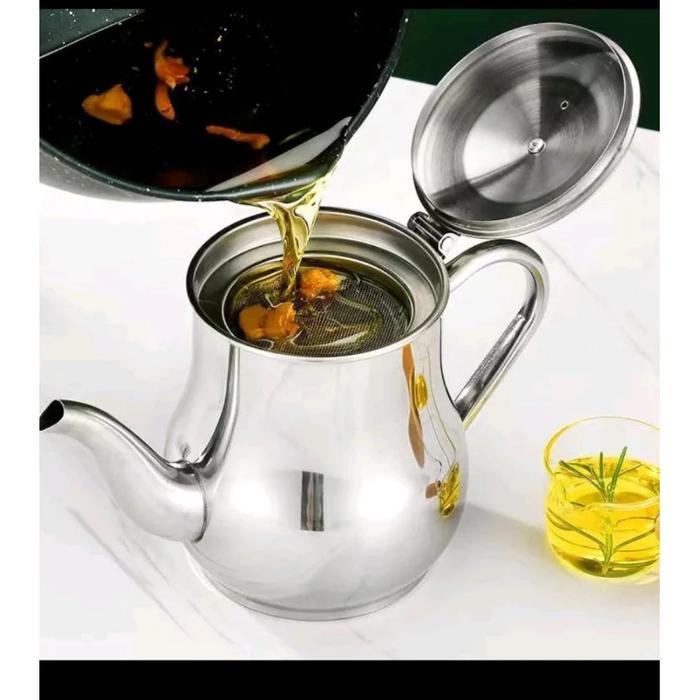 Oil Pot Teko Saringan Minyak Stainless Steel Angsa Jumbo 1400ml Penyaring Anti Karat Tahan Panas - Gambar 3