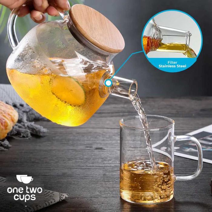One Two Cups Teko Teh Kaca Borosilikat Saringan Tahan Panas Teapot 1L - BR-384 - Gambar 3