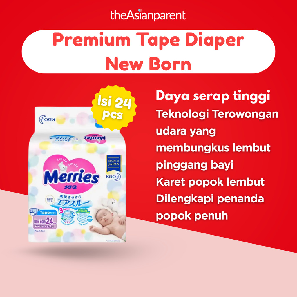 Merries Premium Tape Diaper New Born Isi 24 Pcs, Made In Japan, Daya Serap Tinggi