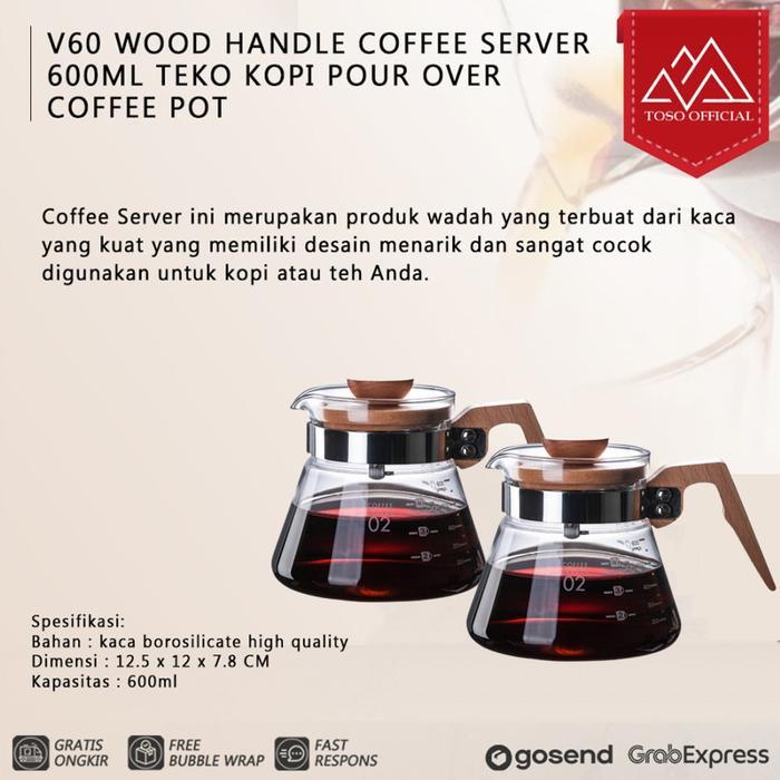 V60 Wood Handle Coffee Server 600ml Teko Kopi Pour Over Coffee Pot
