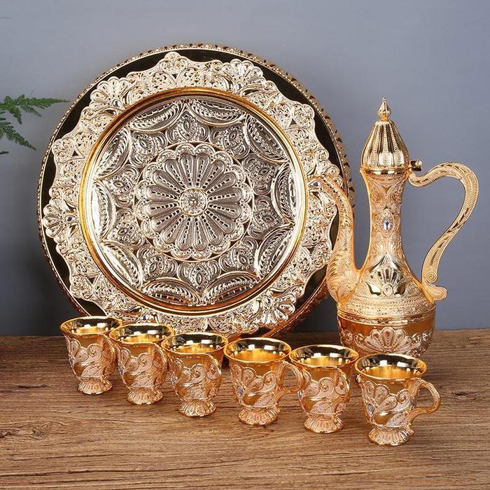 8pcs/Set Teko Arab Aladin Gold Gelas Anggur Emas Antik, Ornamen Emas Ornament/set Gelas Anggur Kendi - Gambar 2