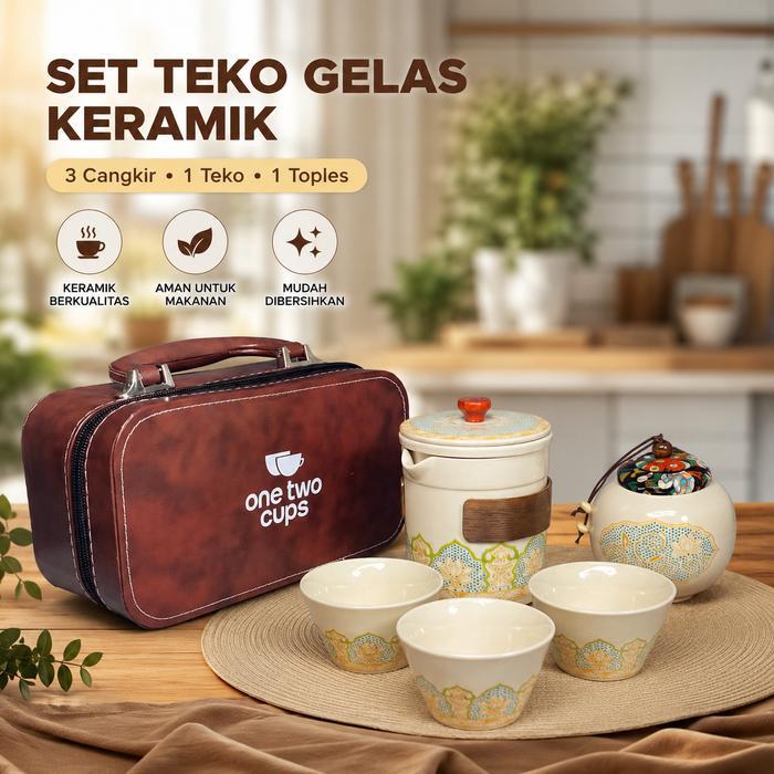 One Two Cups Set Teko Gelas Keramik Kopi Teh 3 Cangkir 1 Teko 1 Toples - S520