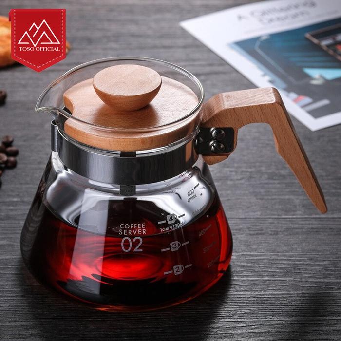 V60 Wood Handle Coffee Server 600ml Teko Kopi Pour Over Coffee Pot - Gambar 3