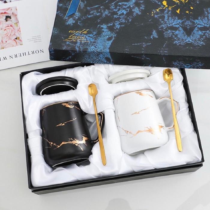 Gift Set Wedding Mr Mrs Mug Ceramic Marble Set Hadiah Lengkap Box Biru Gelas Premium untuk Wedding