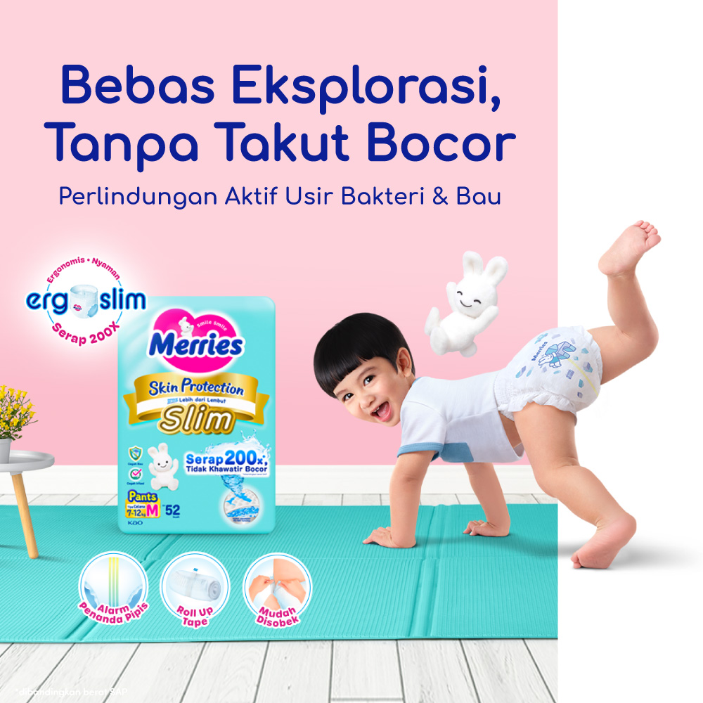 Merries Skin Protection Slim Pants Popok Bayi Diapers Ergoslim M (7-12kg) Serap 200x Tidak Khawatir Bocor Pads / Isi 52 Karton - Gambar 2