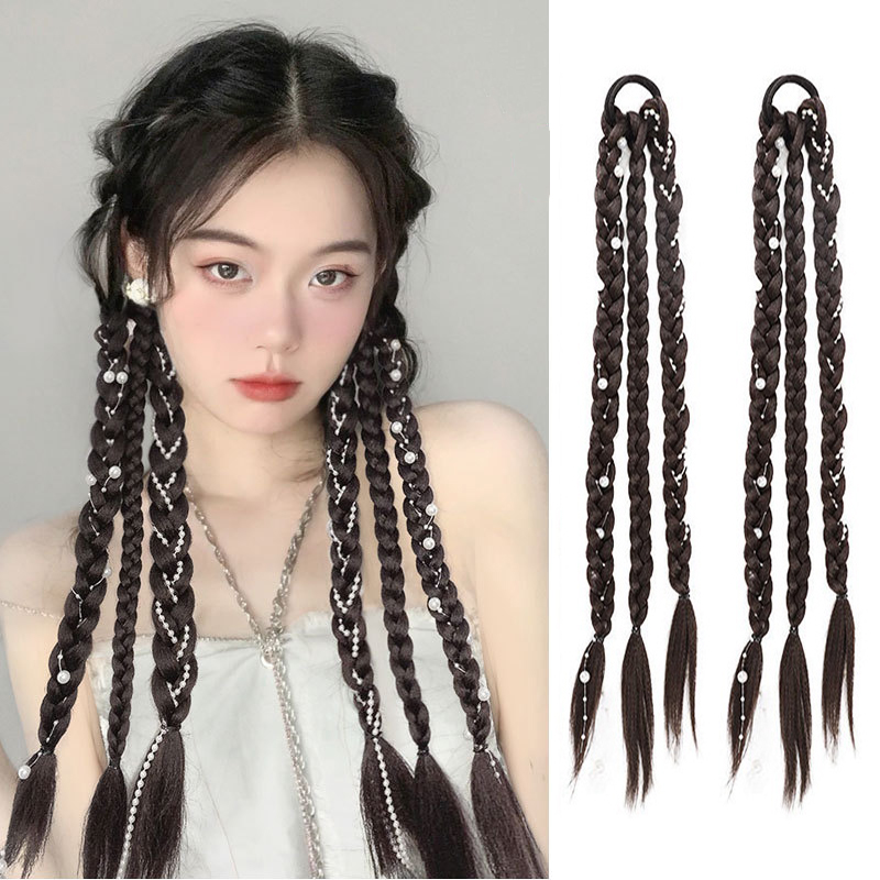  Braid Boxing Braid Ponytail Wig with Pearl Hair Accessories Wig Black ...