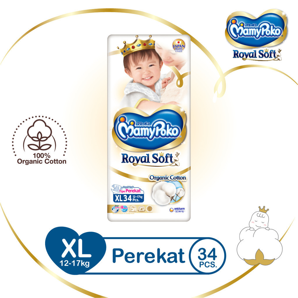 MamyPoko Royal Soft Organic Cotton - XL 34 - Popok Perekat - 1 Pack - Super Jumbo