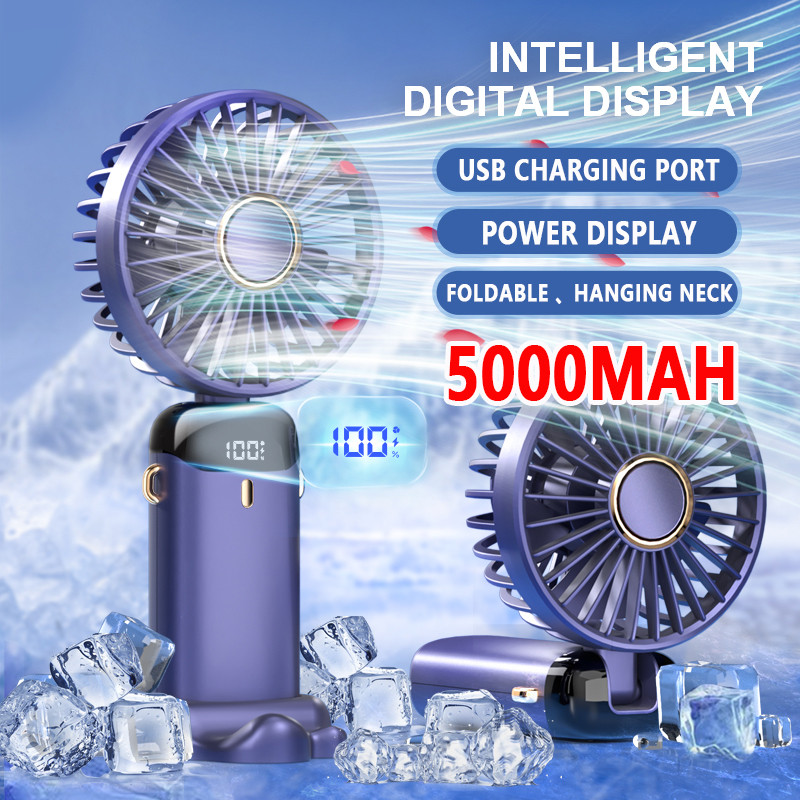 5 Modes handheld fan mini portable foldable small fan digital display office student small fan gift USB charging 5000mA battery（1pcs）
