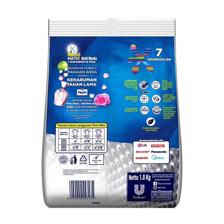 Rinso Detergent Bubuk Konsentrat Deterjen Matic Mesin Cuci Bukaan Depan 1.8 kg - Gambar 3