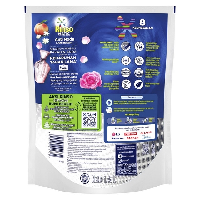 Rinso Detergent Cair Konsentrat Deterjen Matic Mesin Cuci Bukaan Depan 1.45L - Gambar 3