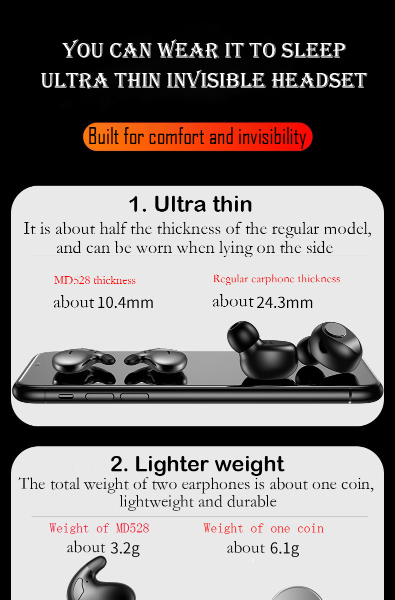 Earphones Wireless Sleep Invisible TWS Wireless Bluetooth Headphones ...