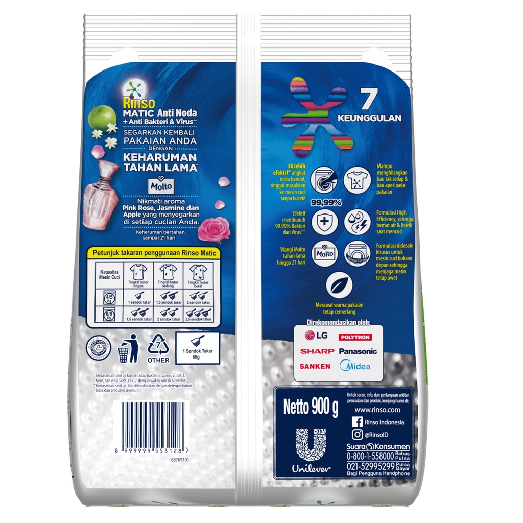 Rinso Detergent Bubuk Konsentrat Deterjen Matic Mesin Cuci Bukaan Depan 900gr - Gambar 3