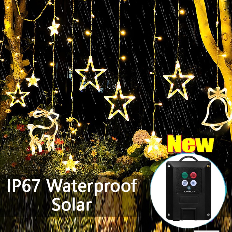 Solar String Lights Outdoor Waterproof with Elk Christmas Tree Curtain