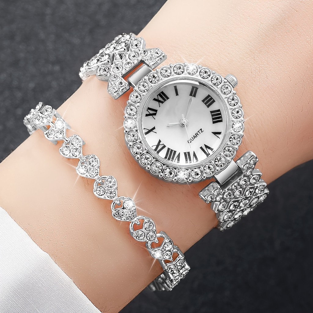 2pcs set Women s Watch Shiny Rhinestone Quartz Watch Fashion Analog Steel Band Wrist Watch Bracelet Gift For Mom Her Shopee Singapore