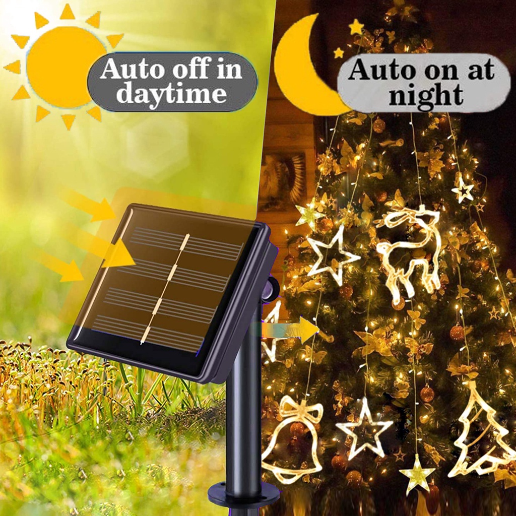 Solar String Lights Outdoor Waterproof with Elk Christmas Tree Curtain