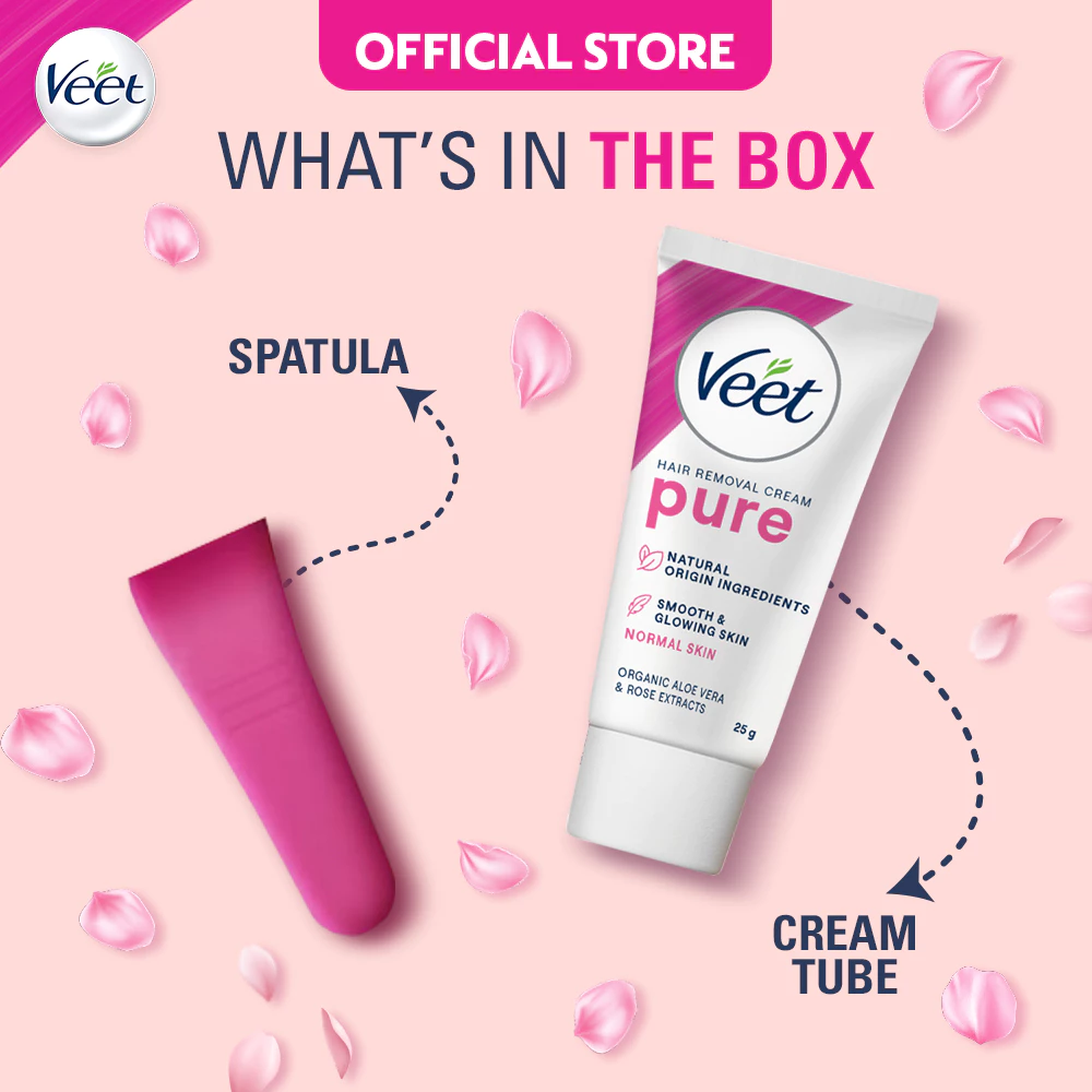 Veet Normal Hair Remover Pure Cream - 25gr (Krim Penghilang Bulu Dalam 5 Menit, Untuk Hasil Kulit Glowing Tahan Lama & Tidak Sakit) - Gambar 4