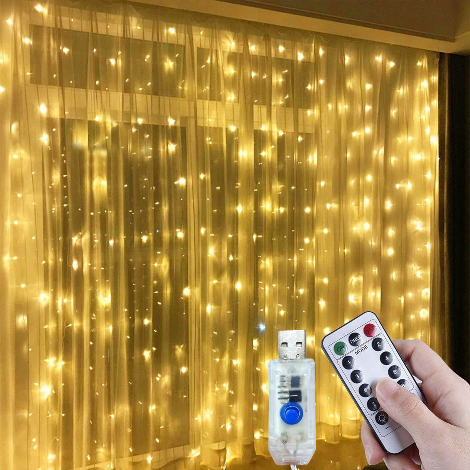 3M 300 LED Window Curtain String Light 8 Lighting Modes USB String ...