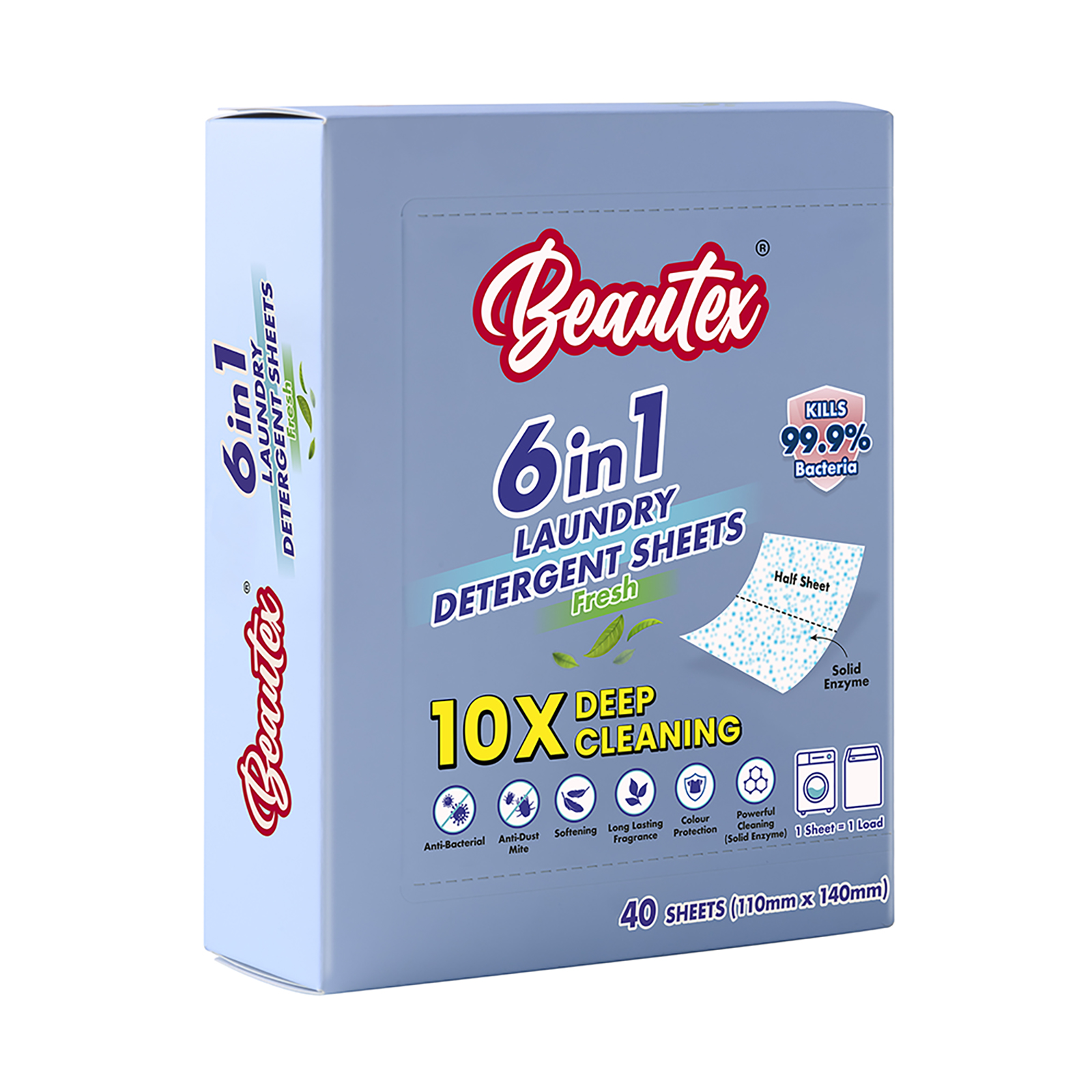 Beautex 6 in 1 Laundry Detergent Sheets, Fresh, 110mmx140mm (40s ...