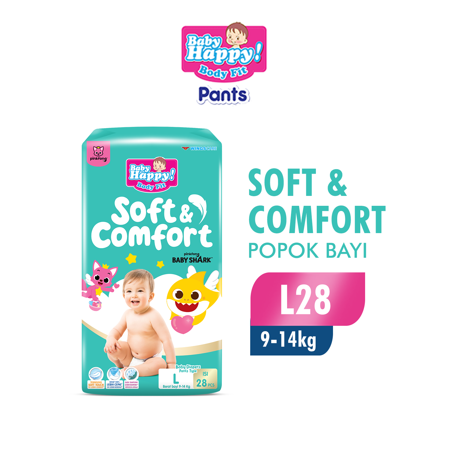 Baby Happy Pants Popok Celana Pinkfong Baby Shark L28 isi 4 (kardus) - Gambar 2