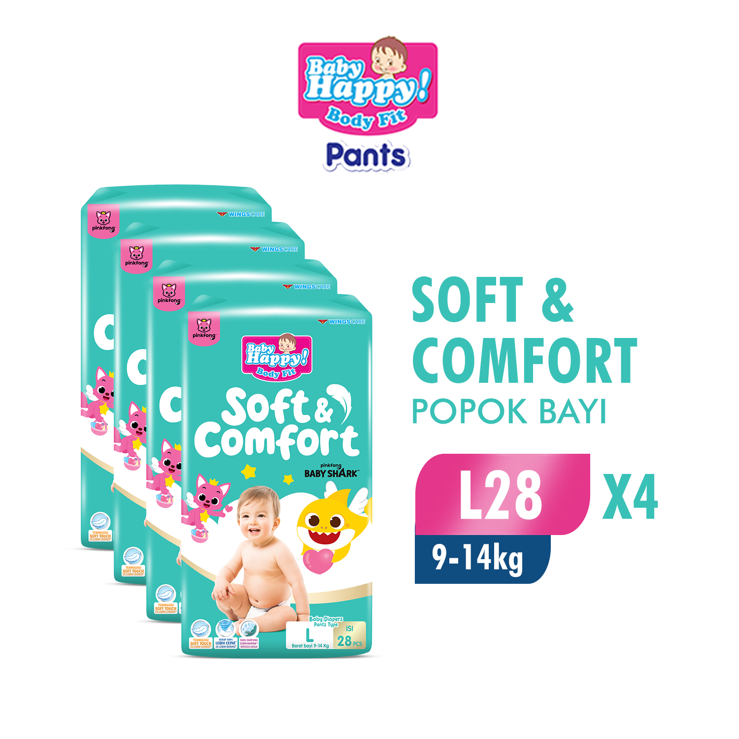 Baby Happy Pants Popok Celana Pinkfong Baby Shark L28 isi 4 (kardus)