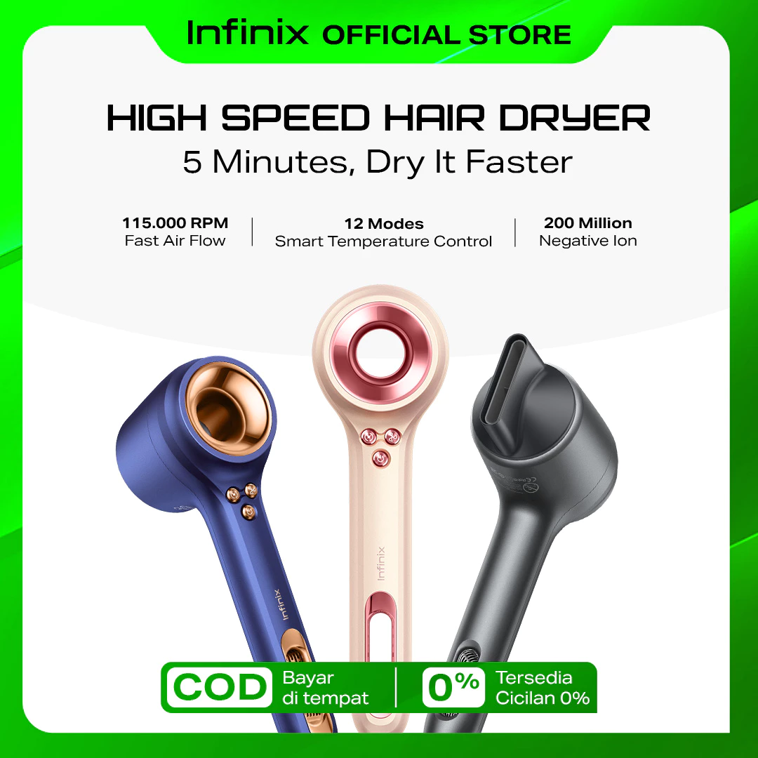 Infinix Hair Dryer / Pengering Rambut - 64db Ultra Silence - High Speed Drying - Smart Temperature Control - Magnetic Nozzle - Dust Proof