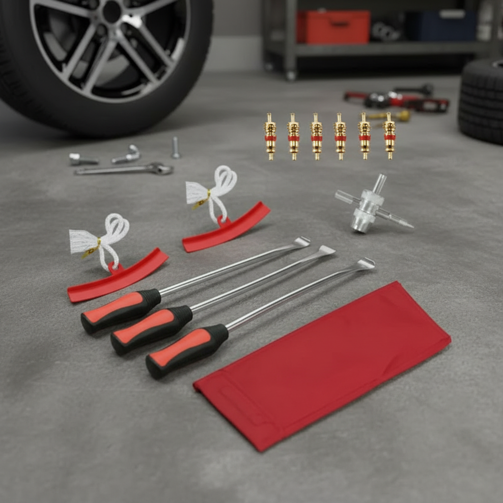 Vehicle Tire Repair Tool Set with Steel Spoon, Rod, Rim Protector, and ...