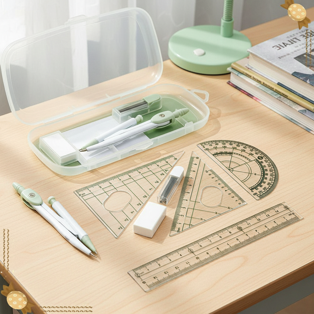 8-Piece Set: Compass Ruler, Plastic Eraser Protractor, Transparent ...