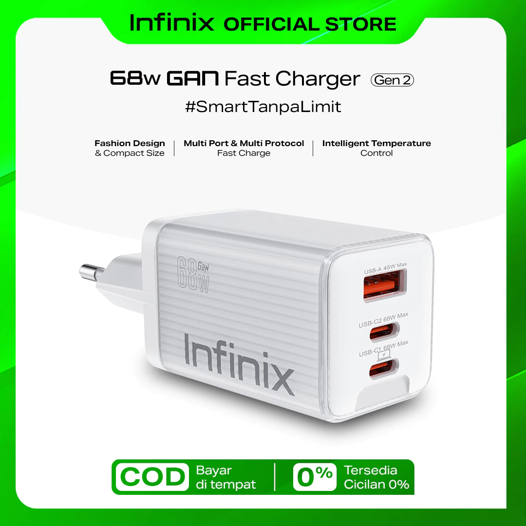 Infinix Charger Kit XC68 - Gan Fast Charger - 68W Gan - Multi Port and Multi Protocol Fast Charge - Support all devices