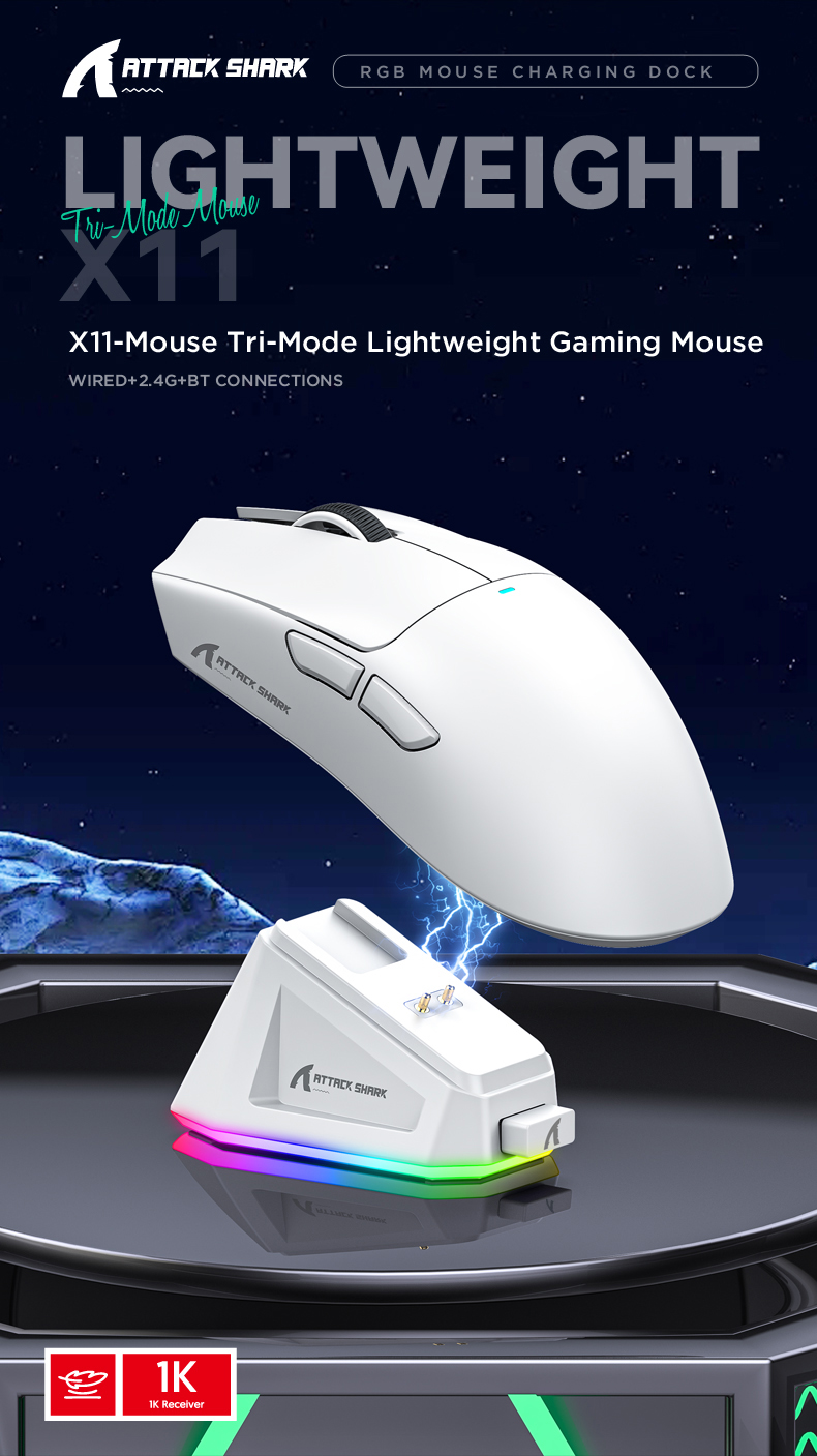 Attack Shark X11 Tri-Mode Paw3311 Sensor RGB Gaming Mouse with Magnetic ...