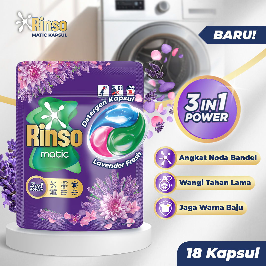 [BARU!] Rinso Kapsul Lavender Fresh Deterjen Cair Matic isi 18 capsule dengan 3 in 1 Power / Detergent Konsentrat 189g