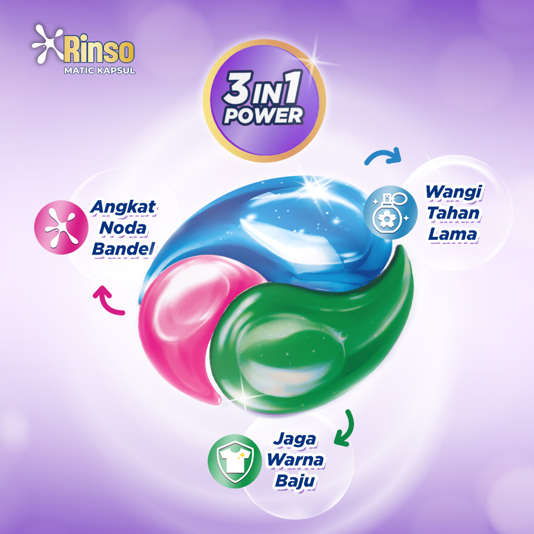 [BARU!] Rinso Kapsul Lavender Fresh Deterjen Cair Matic isi 18 capsule dengan 3 in 1 Power / Detergent Konsentrat 189g - Gambar 2