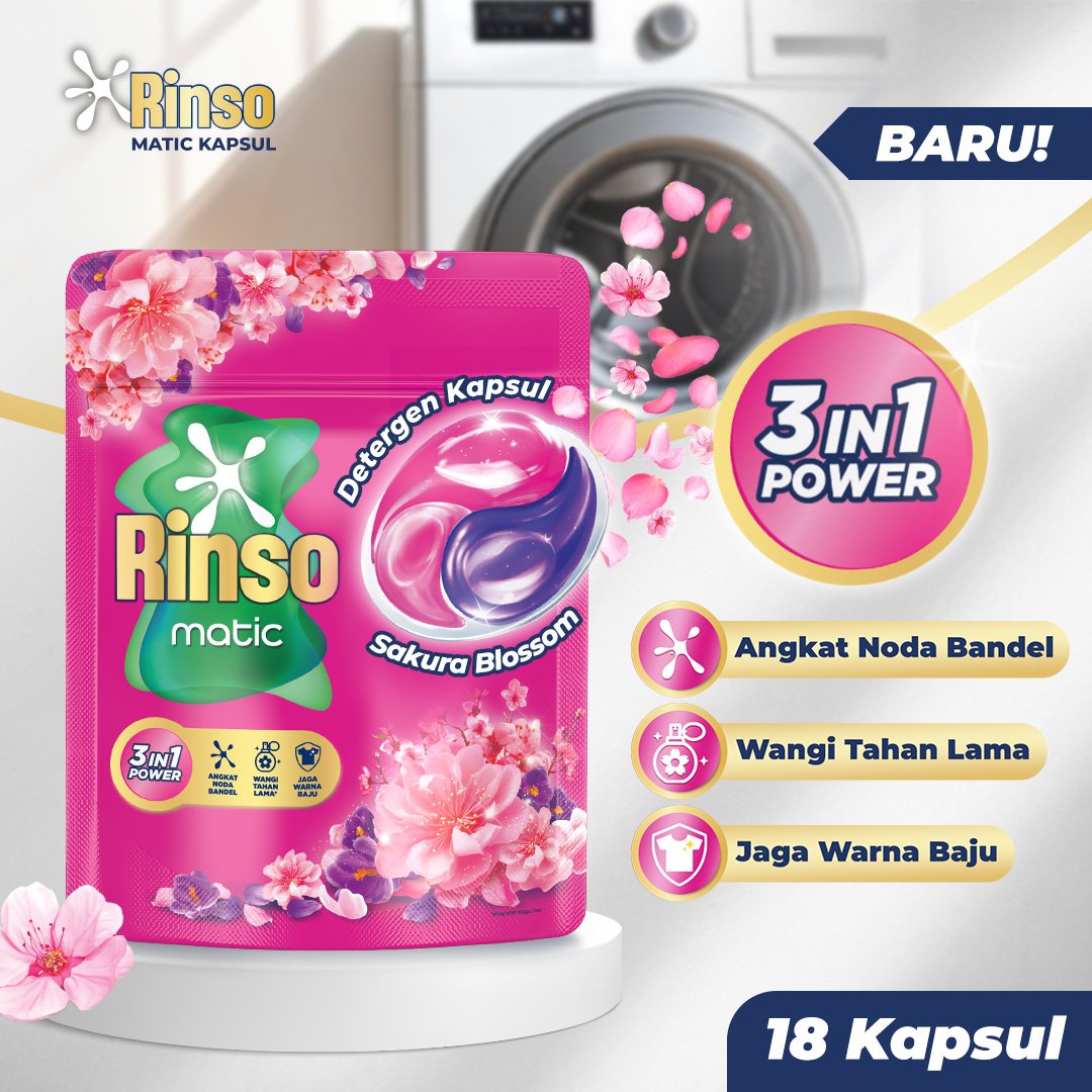 [BARU!] Rinso Kapsul Sakura Blossom Deterjen Cair Matic isi 18 capsule dengan 3 in 1 Power / Detergent Konsentrat 189g