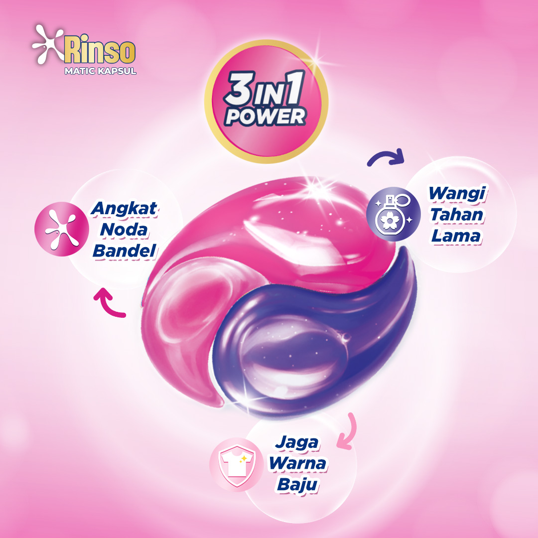 [BARU!] Rinso Kapsul Sakura Blossom Deterjen Cair Matic isi 18 capsule dengan 3 in 1 Power / Detergent Konsentrat 189g - Gambar 2