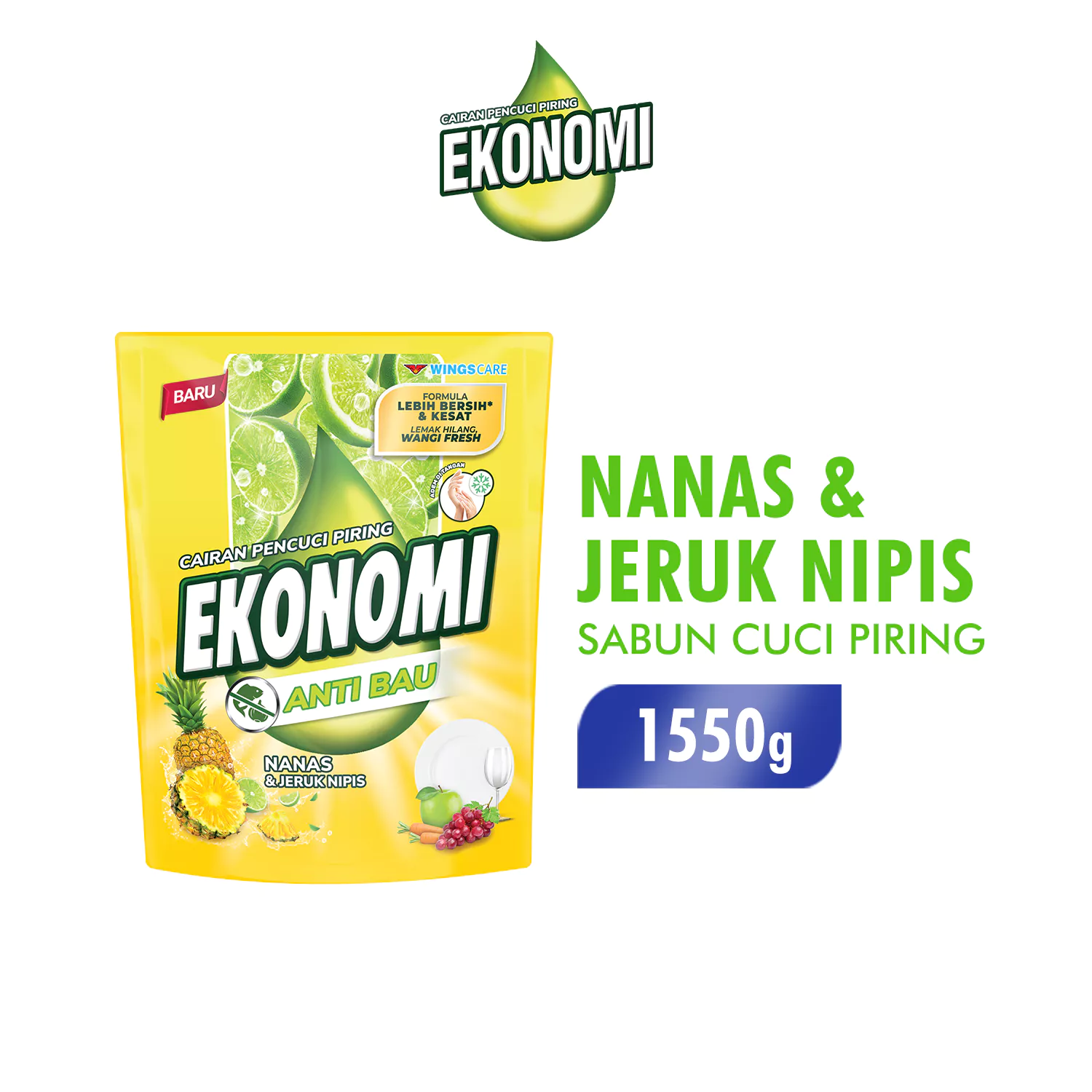 Ekonomi Power Liquid Sabun Cuci Piring Nanas & Jeruk Nipis Pouch 1550gr