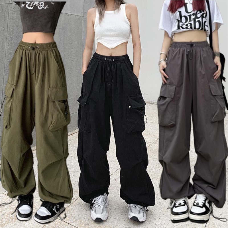 WeiYao Y2K Big Pockets Ruched Cargo Pants Grey Vintage High Waisted Baggy  Sweatpants Women Streetwear Harajuku Sporty Joggers