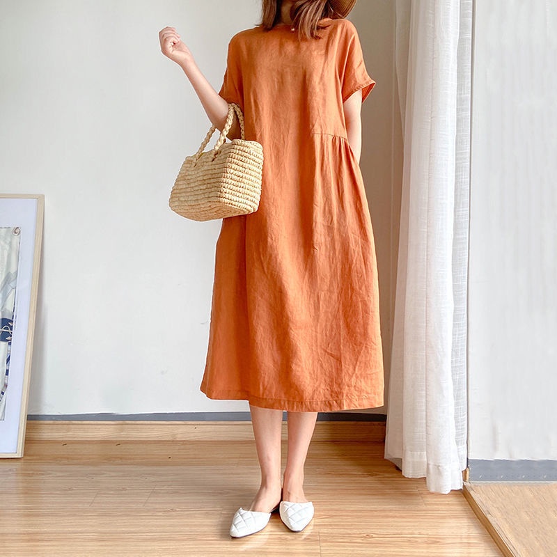 2023 Korean Loose Cotton Linen Dress Plus Size Summer Breathable Short Sleeve Woman Muslim Dress Panjang Solid Color Casual Long Dress Perempuan Wanita Maxi Dress Muslimah Dresses Shopee Singapore