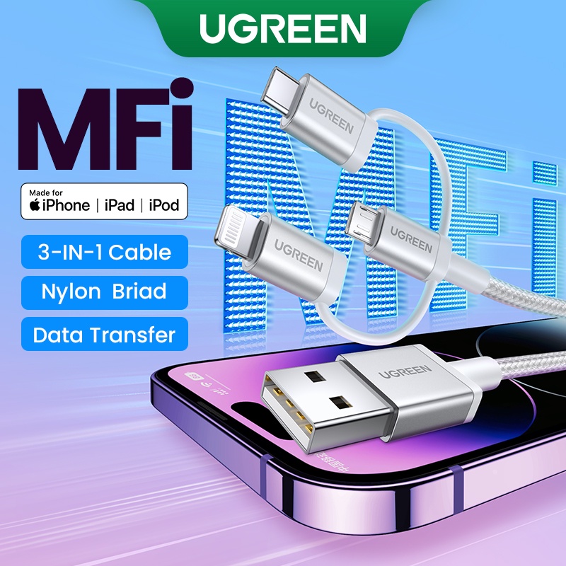 UGREEN 3 in 1 Fast Charging Micro USB TypeC Lightning Cable 3A For