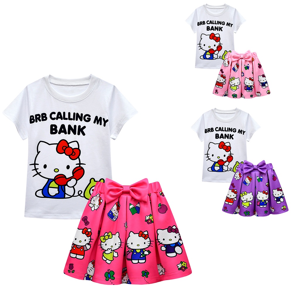 Hello Kitty Girls Sets Cute Printed Kids Tshirt With Skirt Set Baby