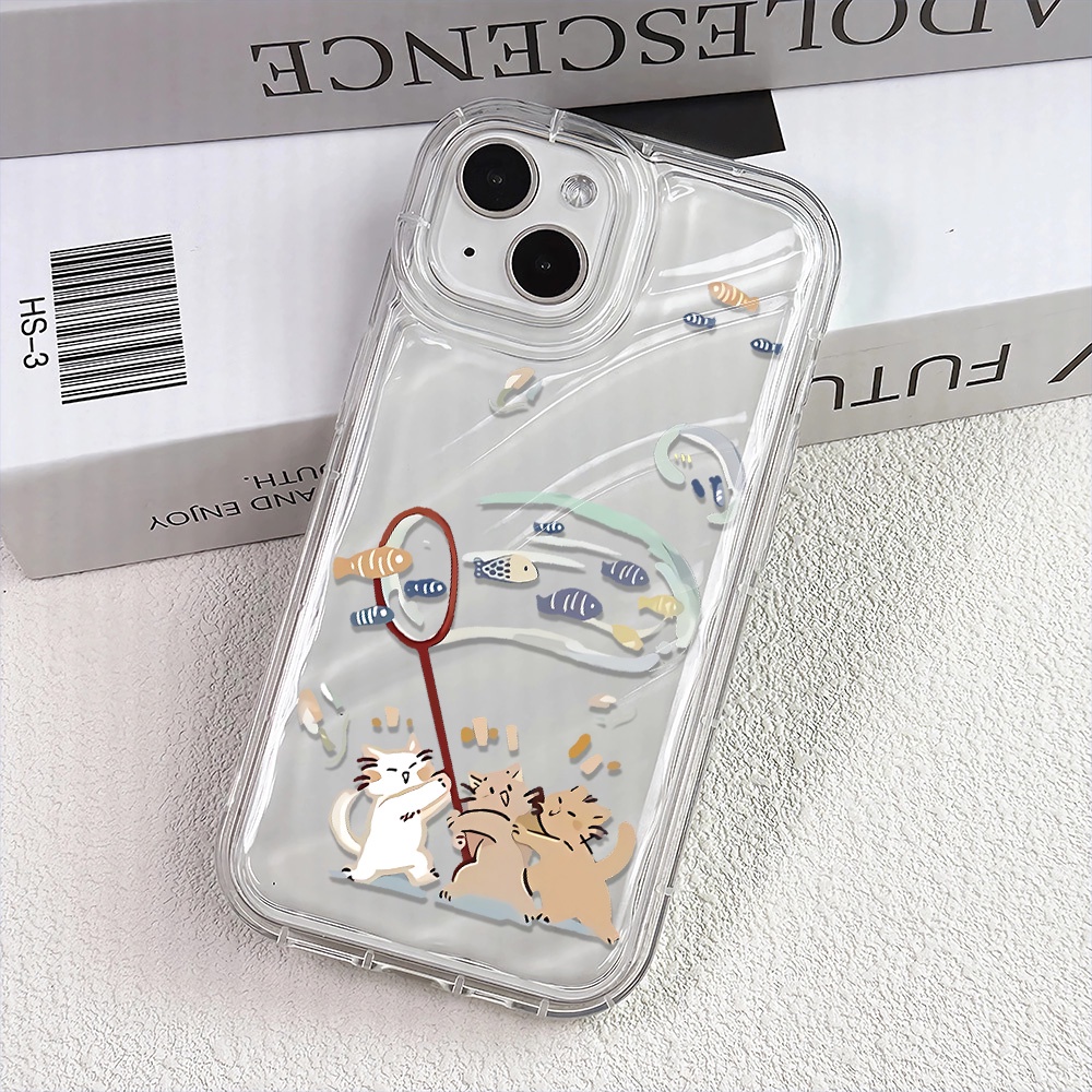 Clear Wave Fashion Cartoon Cat Fish Phone Case For iphone 14 pro