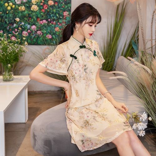 2023 Embroidered Chiffon Improved Cheongsam Girl Chinese Style Spring Daily Temperament Elegant Short Sleeved Dress Childlike Heart Shopee Singapore
