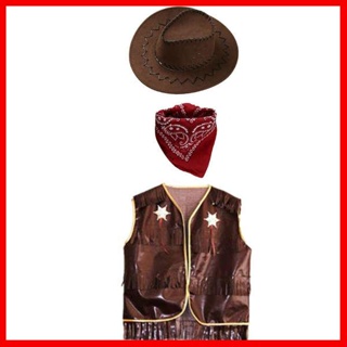 Kids Boys Western Cowboy Costume Suede Vest Hat Bandanna Cosplay Party  Outfits