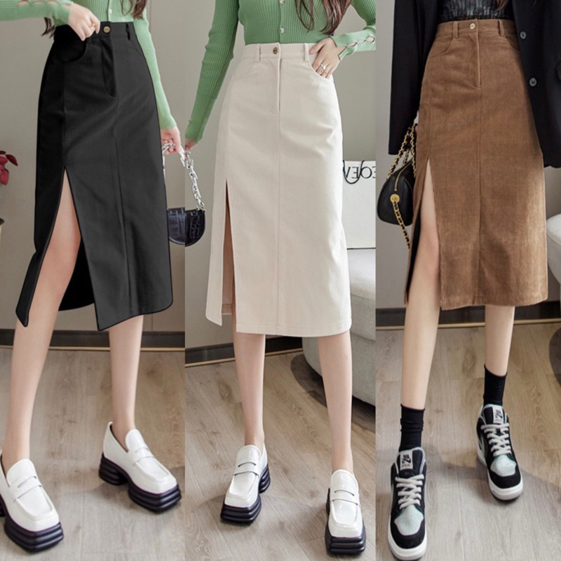 Corduroy Mid Skirt With Front Slit