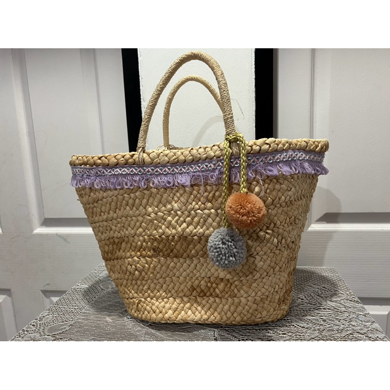Water Hyacinth Woven Bag Handbag Shape Decorated With Pom Poms Suitable ...