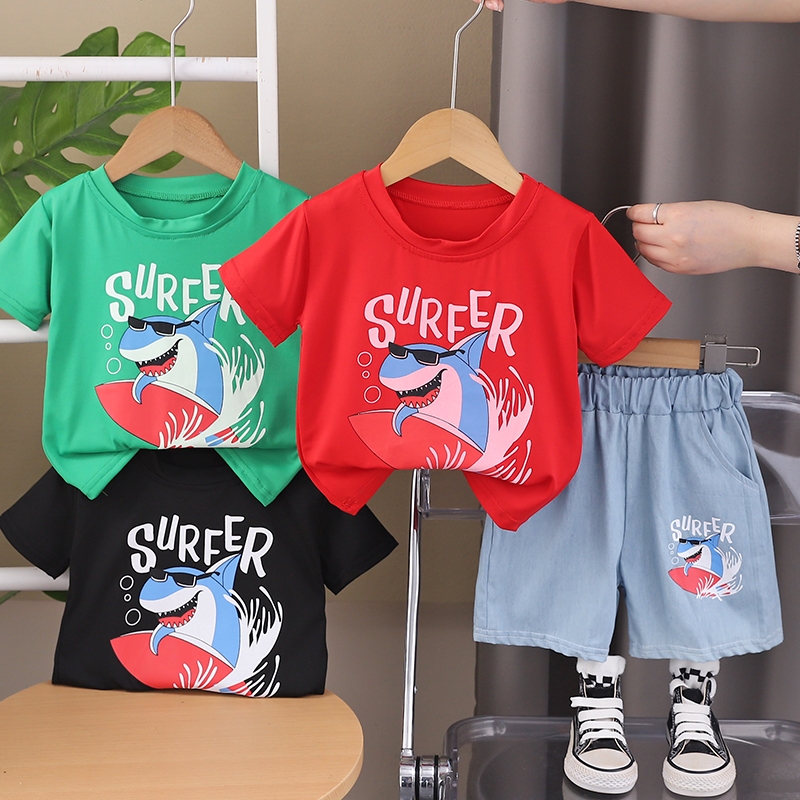 Summer Baby Kids Cartoon Sports Pattern T-shirt and Camouflage Shorts Color Patchwork Clothing Set for Boys