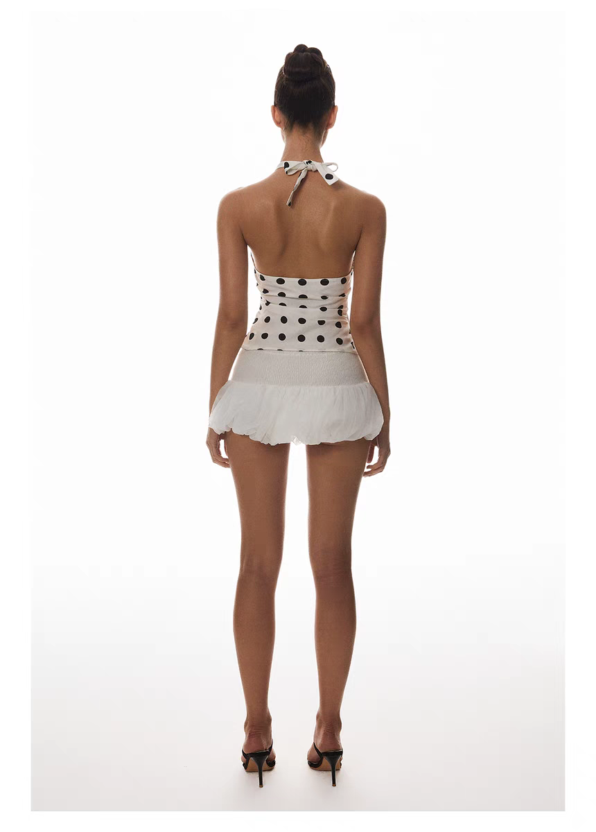 Rita Pokadot Pattern Halter Neck Top Crop And Open Back Deep V-Neck Tie ...