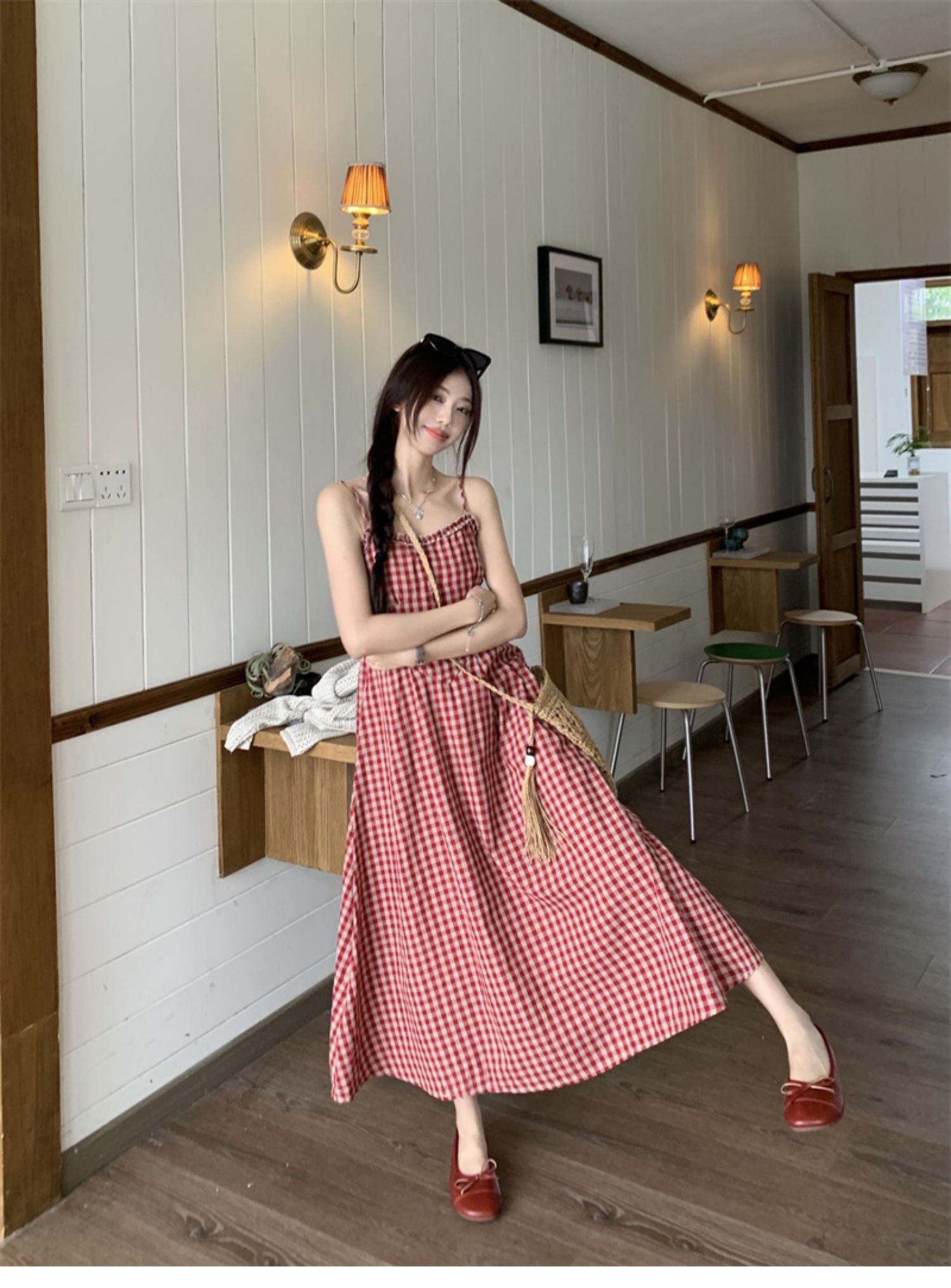 Beryl Spaghetti Strap Dress Korean Style Color Block Plaid Pattern ...