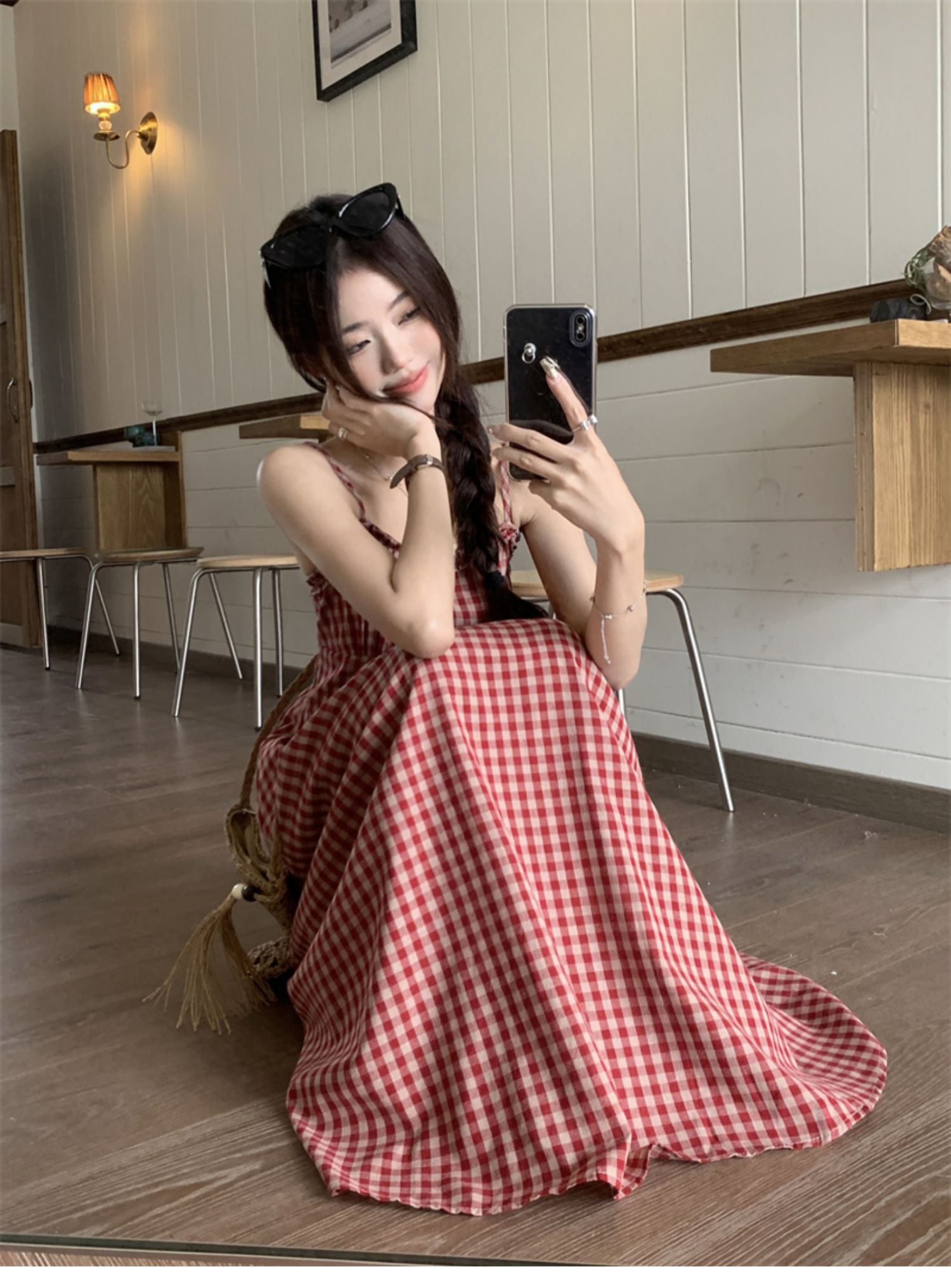 Beryl Spaghetti Strap Dress Korean Style Color Block Plaid Pattern ...