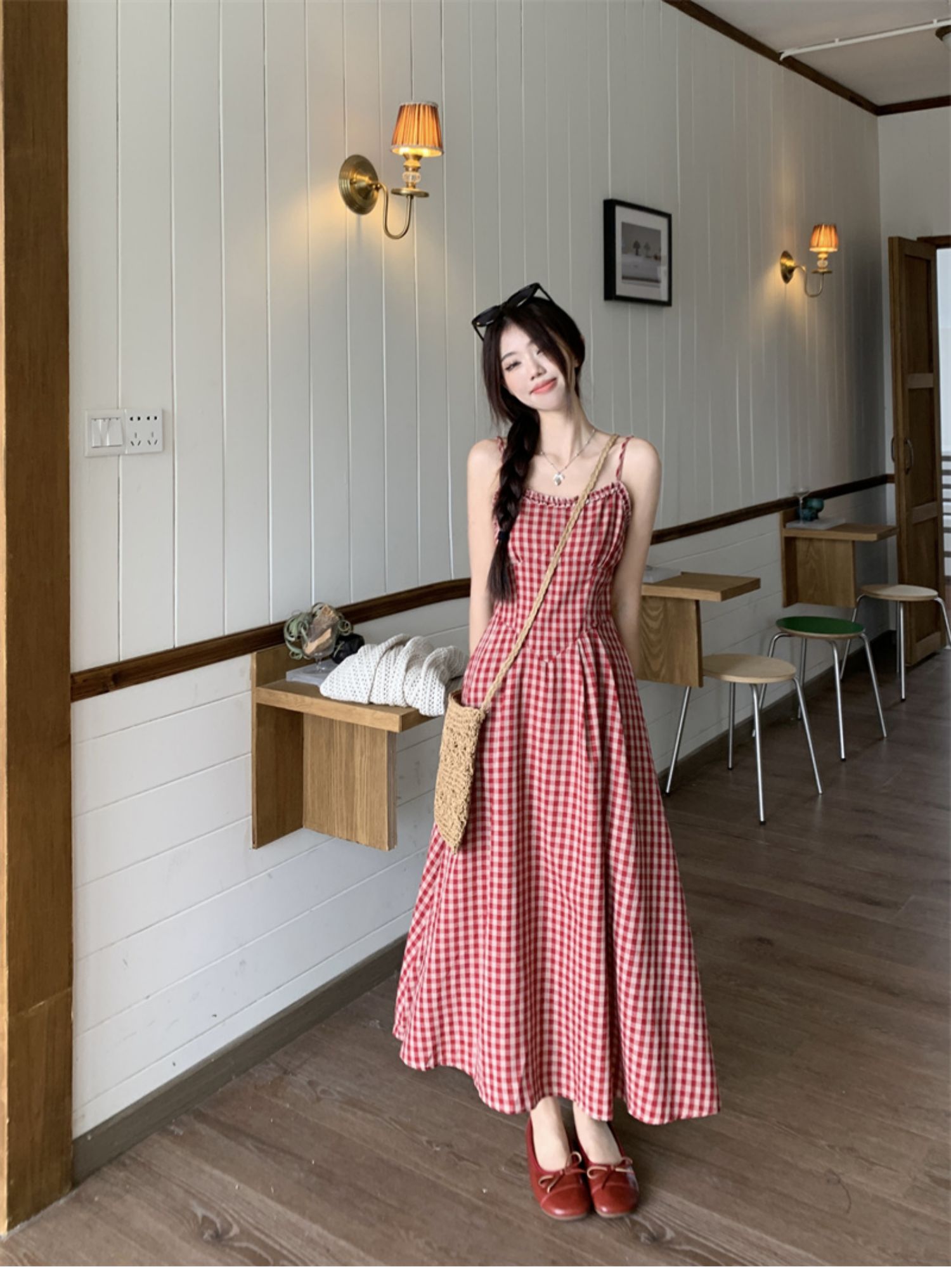 Beryl Spaghetti Strap Dress Korean Style Color Block Plaid Pattern ...
