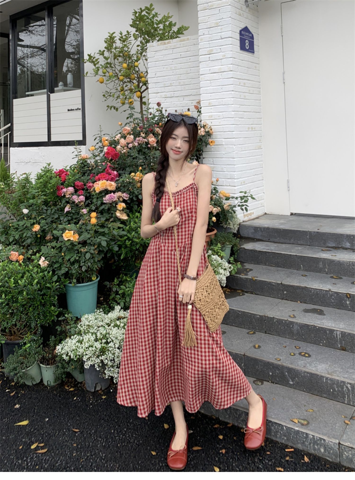 Beryl Spaghetti Strap Dress Korean Style Color Block Plaid Pattern ...