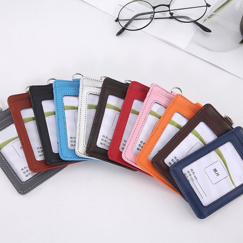 Customized Genuine Leather Identification Card Case Work Holder Id Rope